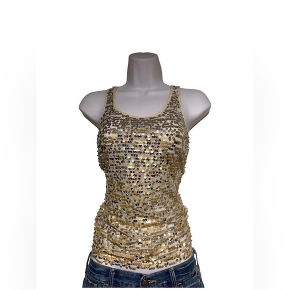 Express Tops - Express 2011 gold and silver sequin tank top with lace detailing